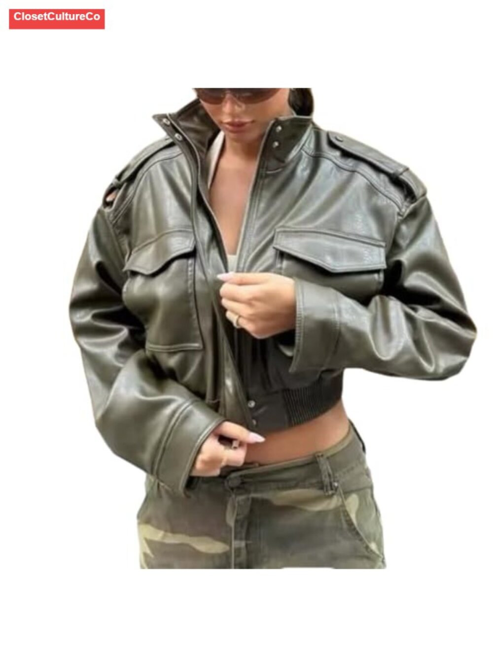Women's Cropped Faux Leather Jacket Stand Collar Zip Moto Biker